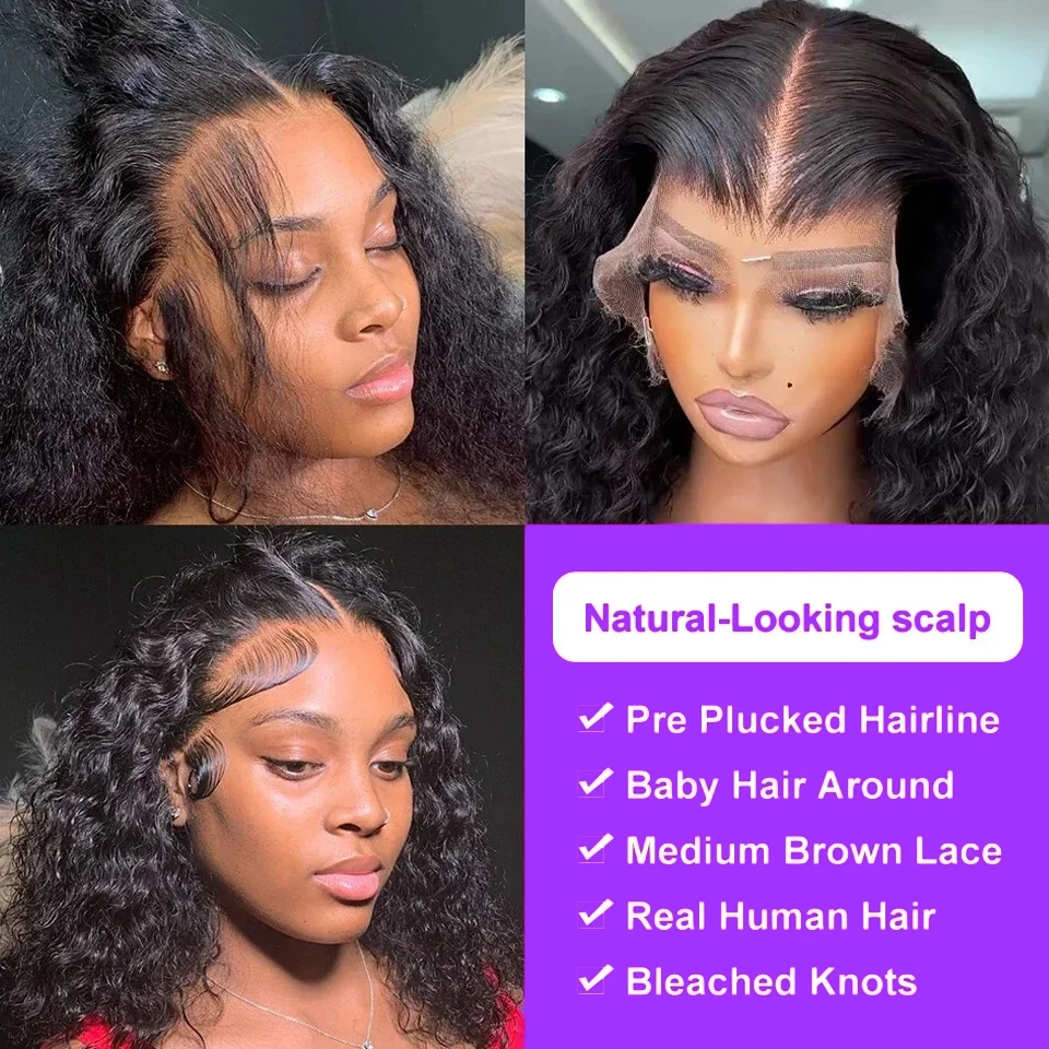 Deep Wave BOB Wig Human Hair 13x4 HD Curly BOB Lace Front Wigs Human Hair Pre Plucked Short Curly Frontal BOB Wigs For Black Women Wet And Wavy 12 14 16 Inch 4
