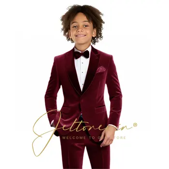 Abito da Compleanno per Bambini, Completo in Velluto Bordeaux con Giacca e Pantaloni per Bambini, Abbigliamento per Cerimonie e Feste