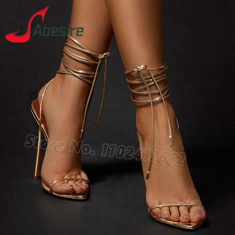 

Golden Lace Up Stiletto Heels Sexy Pointed Toe Ankle Strap Thin High Heel Women Sandals Summer Party Fashion Banquet Dress Shoes