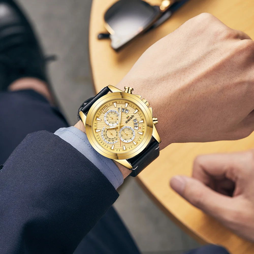 Sport Relogio Masculino Quartz Male Watch Chronograph Wristwatch Weekday Date Gold Big Dial Leather Band Luxury Multifunction