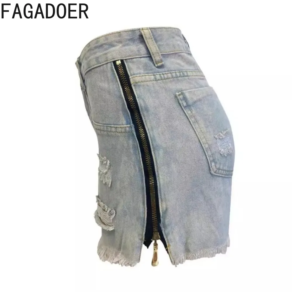 FAGADOER Summer New Streetwear Women Denim Side Zipper Design High Waist Slim Shorts Female Pocket Hole Matching Cowboy Bottoms
