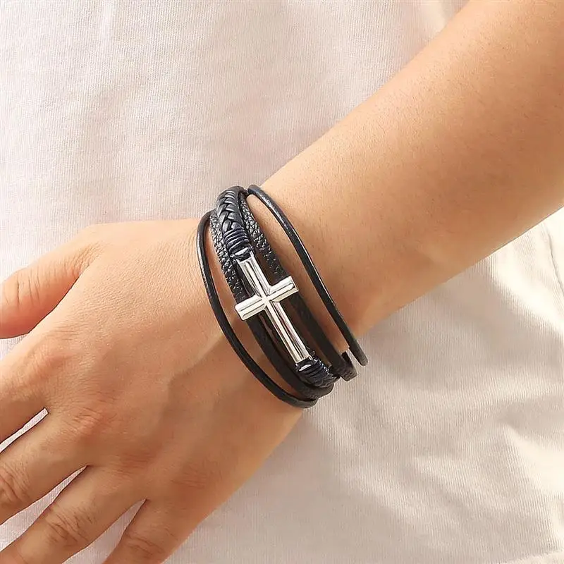 Cross Leather Bracelet For Men – Adjustable Wrap Design With Stainless Steel Cross – Faith Inspired Gift For Dad, Him – Black