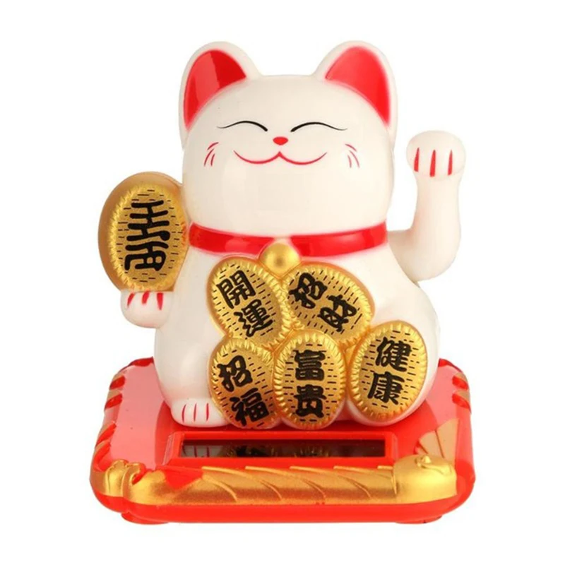 FTVOGUE Energía Solar Maneki Neko LuckyCat Fortuna Bienvenida Agitando el Brazo Paw Up Perezoso Acostado Riqueza Fortuna Gato Hogar Tiendas Coche Feng