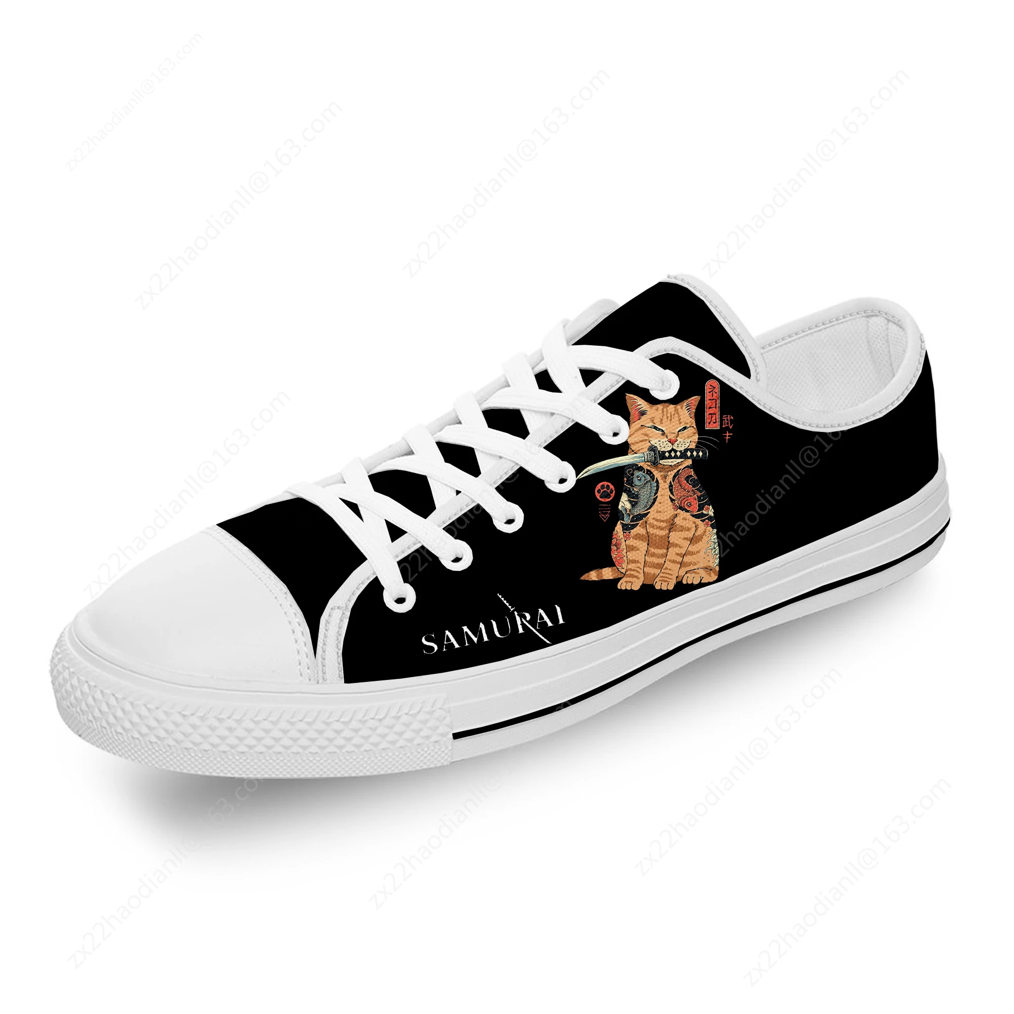 Samurai Cat Japanese Harajuku White Cloth Fashion 3D Print Low Top Canvas Shoes Men Women Lightweight Breathable Sneakers