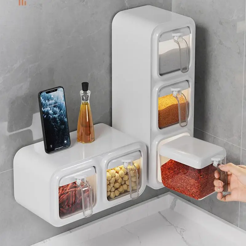 

Wall Mounted Seasoning Box Spice Rack Organizer Sugar Bowl Salt Shaker Seasoning Container Kitchen Supplies Storage Set SpiceBox