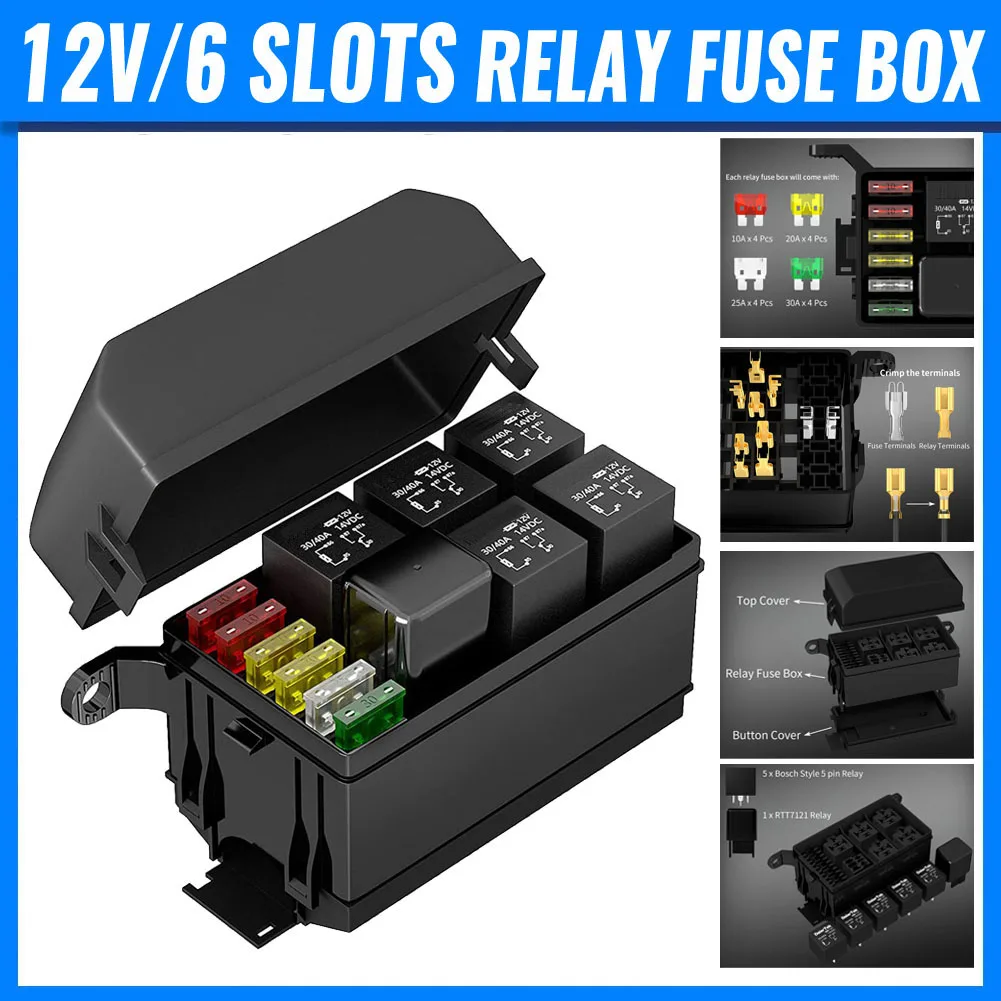 

12V Relay Box 6 Slots Relay Block 6 Way ATC/ATO Fuse Block with Relay Universal Waterproof Fuse and Relay Box Kit for Car Truck