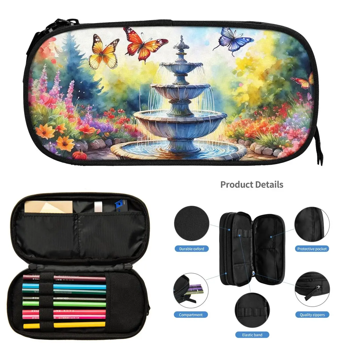 꽃과 새가 있는 정원 분수 학생용 연필 케이스 학교 펜 상자 연필 가방 대용량 연필 파우치