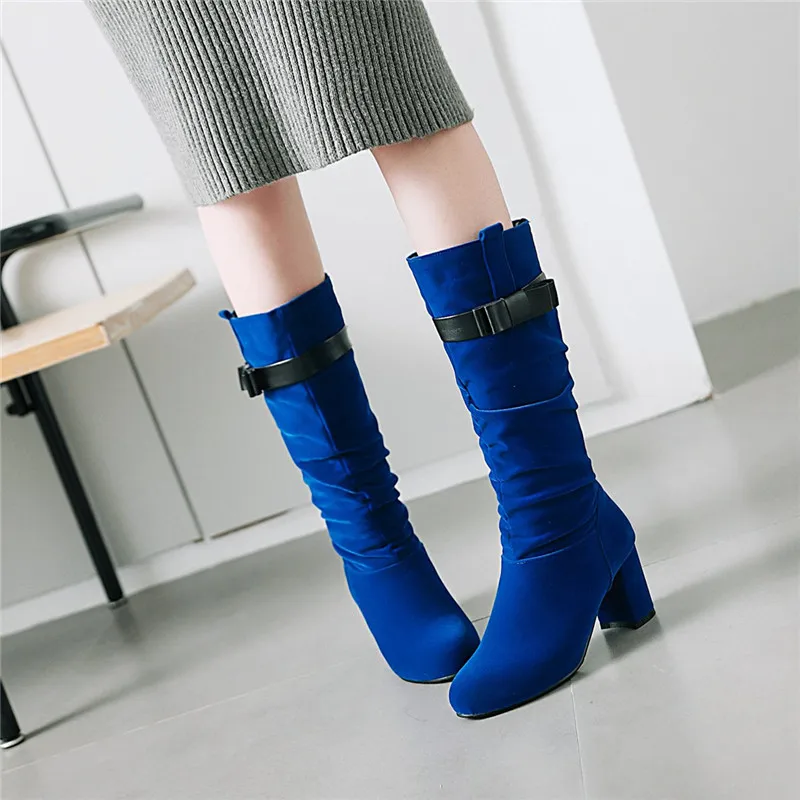 

YMECHIC 2023 Fashion Winter Butterfly-knot Block Chunky High Heels Ladies Shoes Mid Calf Long Women's Flock Boots Black Red Blue