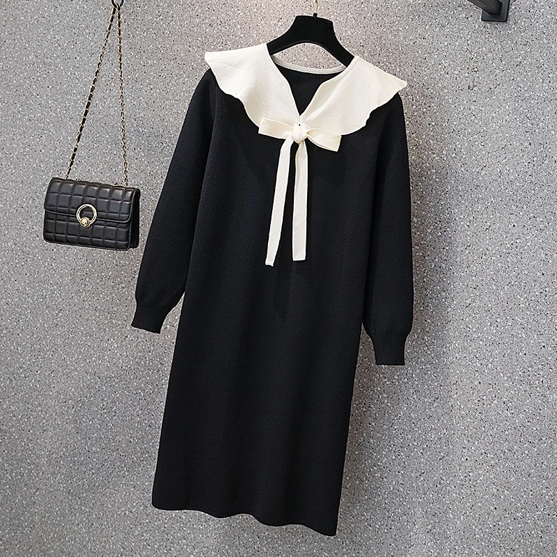 

Elegant Knitted Dress For Women Large Size Spring Autumn Female Black Apricot Bow Tie Doll Collar Long Sleeve Loose Slim Vestido