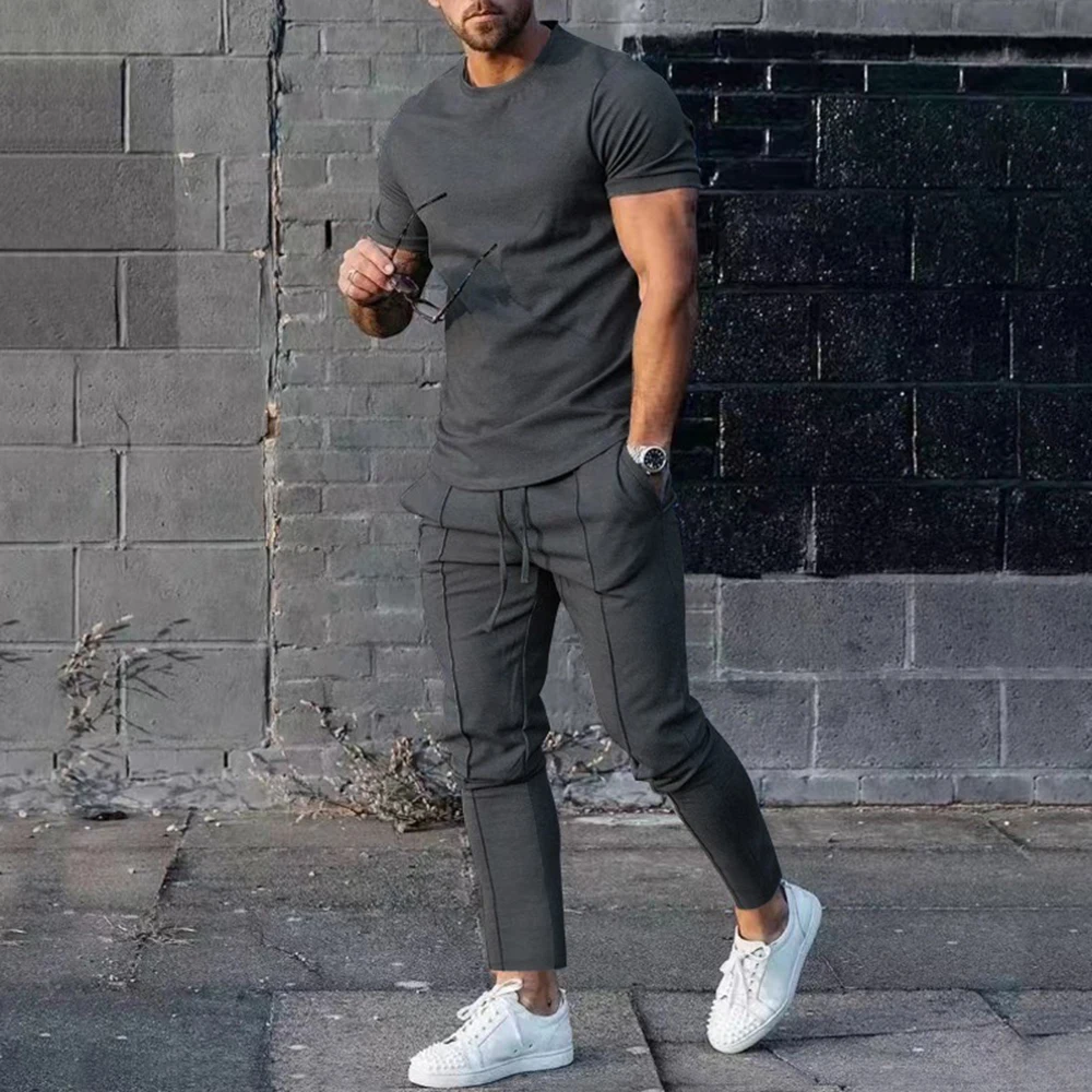 Fashion Simple Casual Pants Suit Men's Summer New Round Neck Solid Color Short-sleeved T-shirt Trousers All-match Two-piece Set
