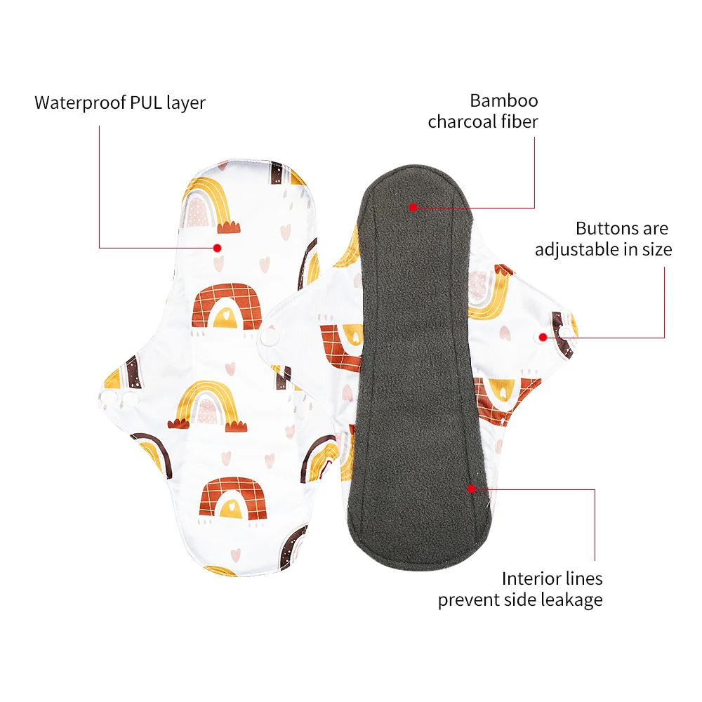 Sanitary Pads HappyFlute 4PCS/Set 4Size Print PUL Bamboo Charcoal Inner Sanitary Pads Mum's Reusable Waterproof Washable Menstrual Panty Liner