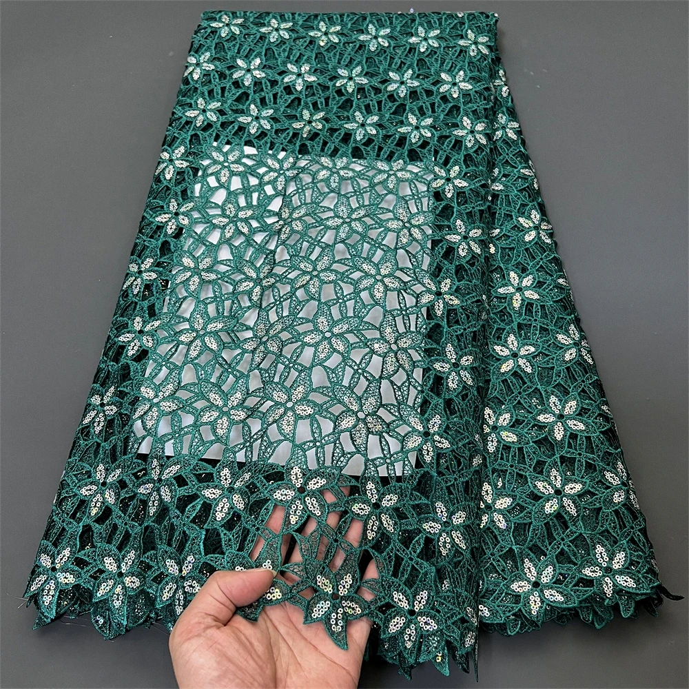 

5Yards African Nigerian Green 3d Sequin Fabric Embroidery For Women Sewing Party Dresses Water Soluble Cotton Lace Fabric Sewing