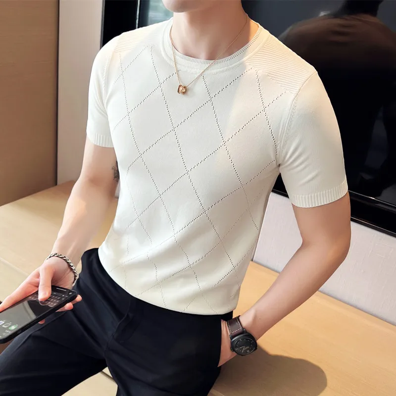 

Summer Breathable Short Sleeve Knitted T Shirts For Men Clothing 2023 Round Collar Slim Fit Casual Elastic Tee Shirt Homme 3XL
