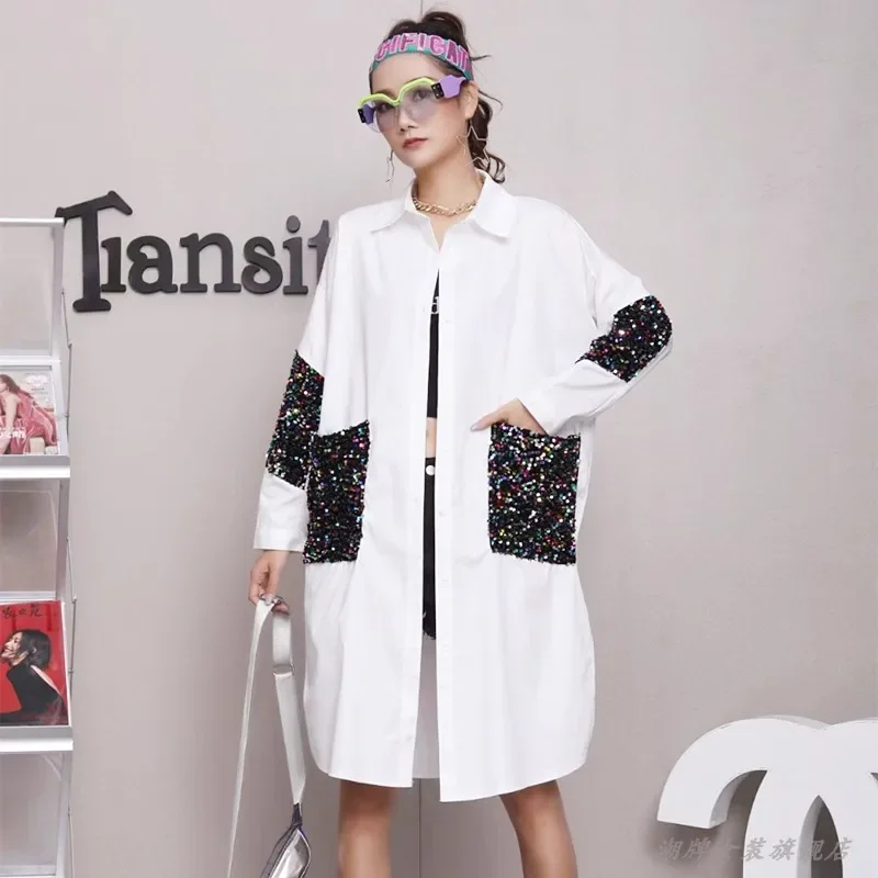 Women Shirt Blouse Buttons Long Sleeves Trench Coat Retro Streetwear Jackets Korean Fashion New Sequin retro one shoulder mermaid sweep brush prom dresses sequin satin formal occasion gown вечернее платье в пол с рукавами فساتين لل