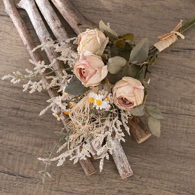 Artificial Flowers Retro Silk Rose Bouquet Hydrangea Peony Vintage Bride Holding Fake Plants Home Wedding Decoration Accessories