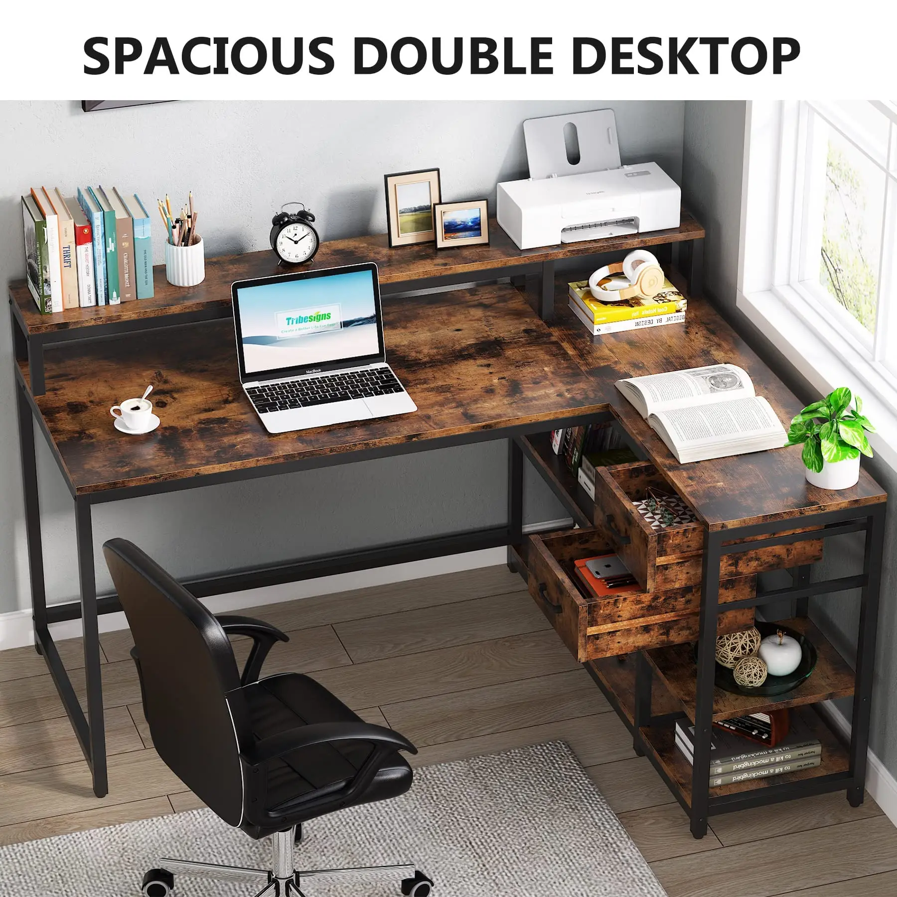 Tribesigns reversible L shaped electric computer desk with drawer industrial corner desk home office table with shelves and monitor stand
