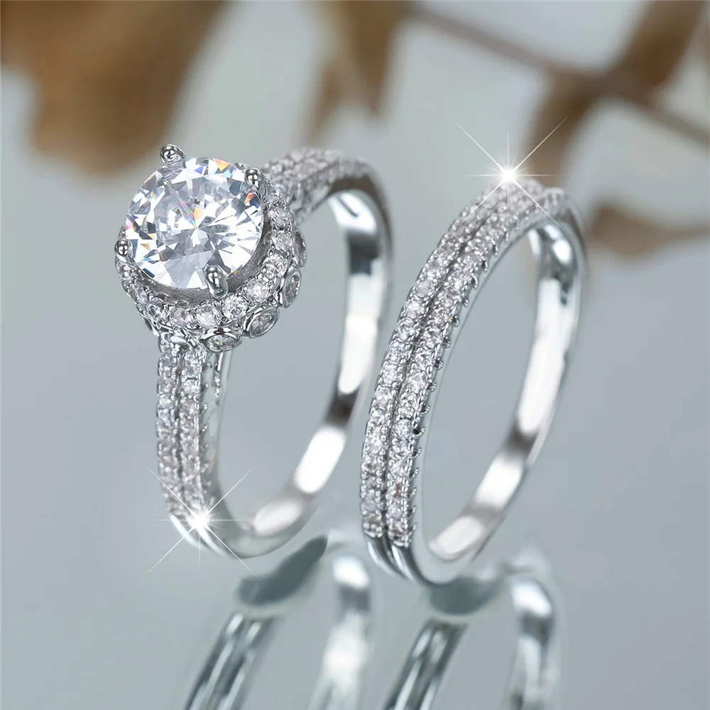 Crystal Female White Zircon Round Stone Ring Set Fashion Luxury Silver Color Bridal Wedding Engagement Jewelry For Women