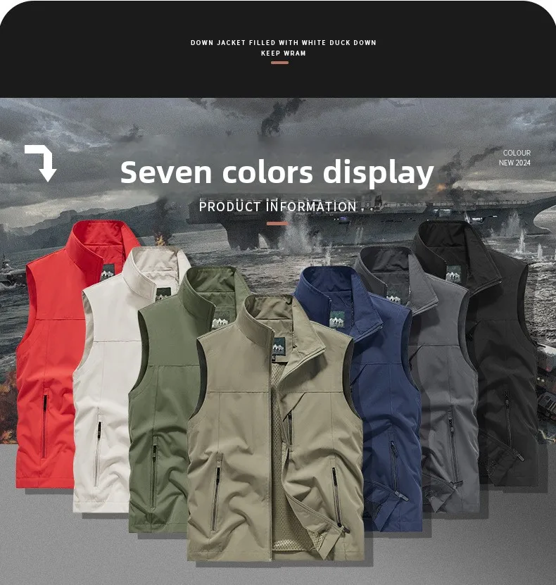 Frühlings-Sommer-Polyester-Herrenweste mit individuellem Logo und mehreren Taschen, perfekt für Outdoor-Aktivitäten und Angeln – Detail 11