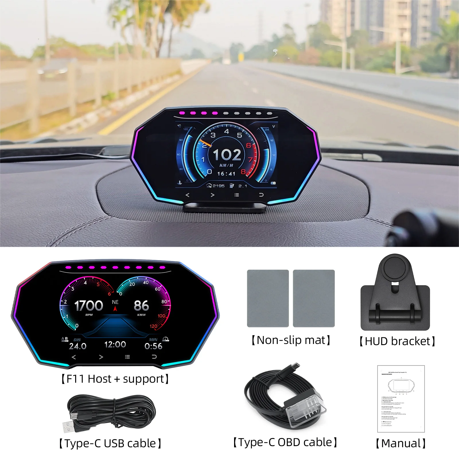 HUD OBD2 디스플레이 F11 온보드 컴퓨터 GPS+OBD 게이지 스마트 디지털 속도계 경사도 수온 연료 소비량