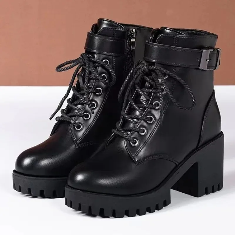Winter Women's Boots 2026 New Lace Up Boots for Womens Fashion Thick Heel Side Zipper Ankle Boots Warm Female Motorcycle Shoes