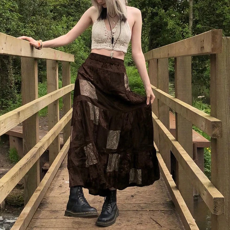 

Women Long Patchwork Skirt Adults Vintage Elegant Flower Print Pleated Skirt Brown Boho Cute Party Long Skirts Women Elegant