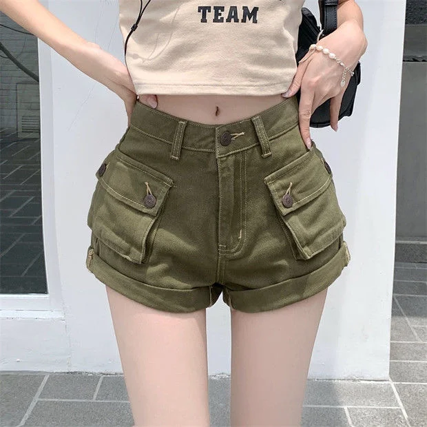 Green Pocket Cargo Shorts Women Retro High Waist Aline Y2k Hot Girl Pants Fashion Street