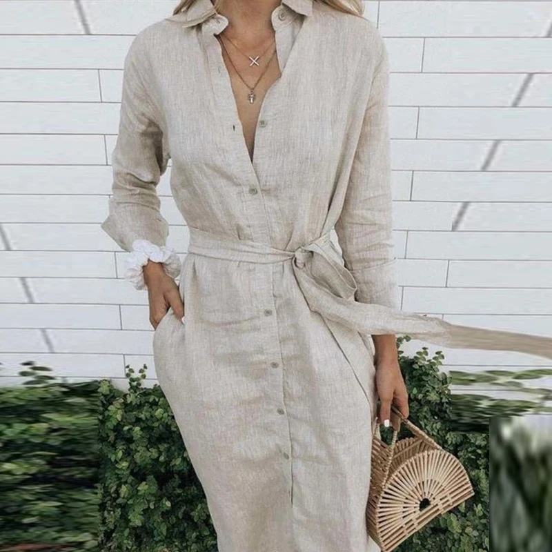Spring Single Breasted Button Slit Long Dress Women Elegant Turn down Collar Office Shirt Dress