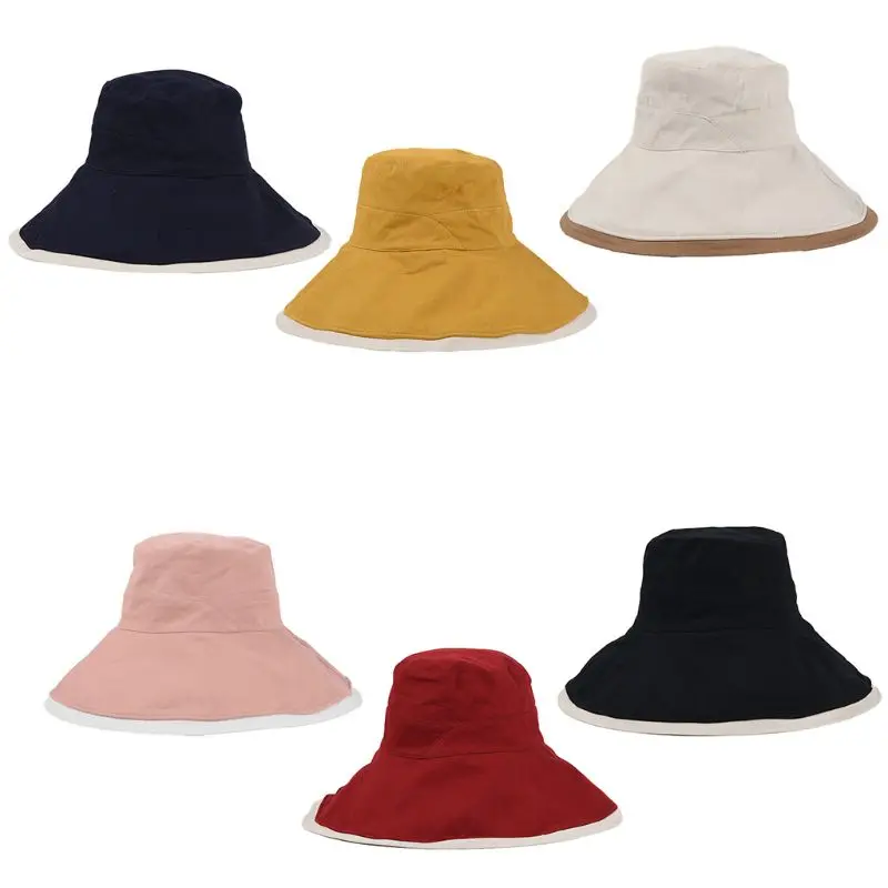 

2XPC Women Summer Cotton Large Wide Brim Bucket Hat Contrast Color Reversible for Sun for Protection Foldable Beach Fisherman