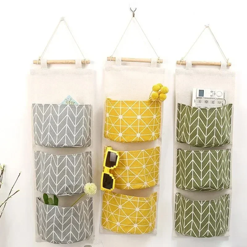 Cotton Linen Pattern Hanging Storage Bag 3 Pockets Wall Mounted Wardrobe Hang Bags Wall Pouch Cosmetic Toys Organizer 1/2PC hanging storage organizer hanging storage bag wall mounted organizer