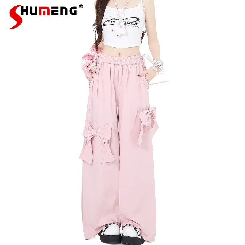 2024 New Spring And Summer Bow Design Hot Girl Pink Elastic Waist Wide Leg Pants Trousers Japanese Lolita Style Long Sweet Pants