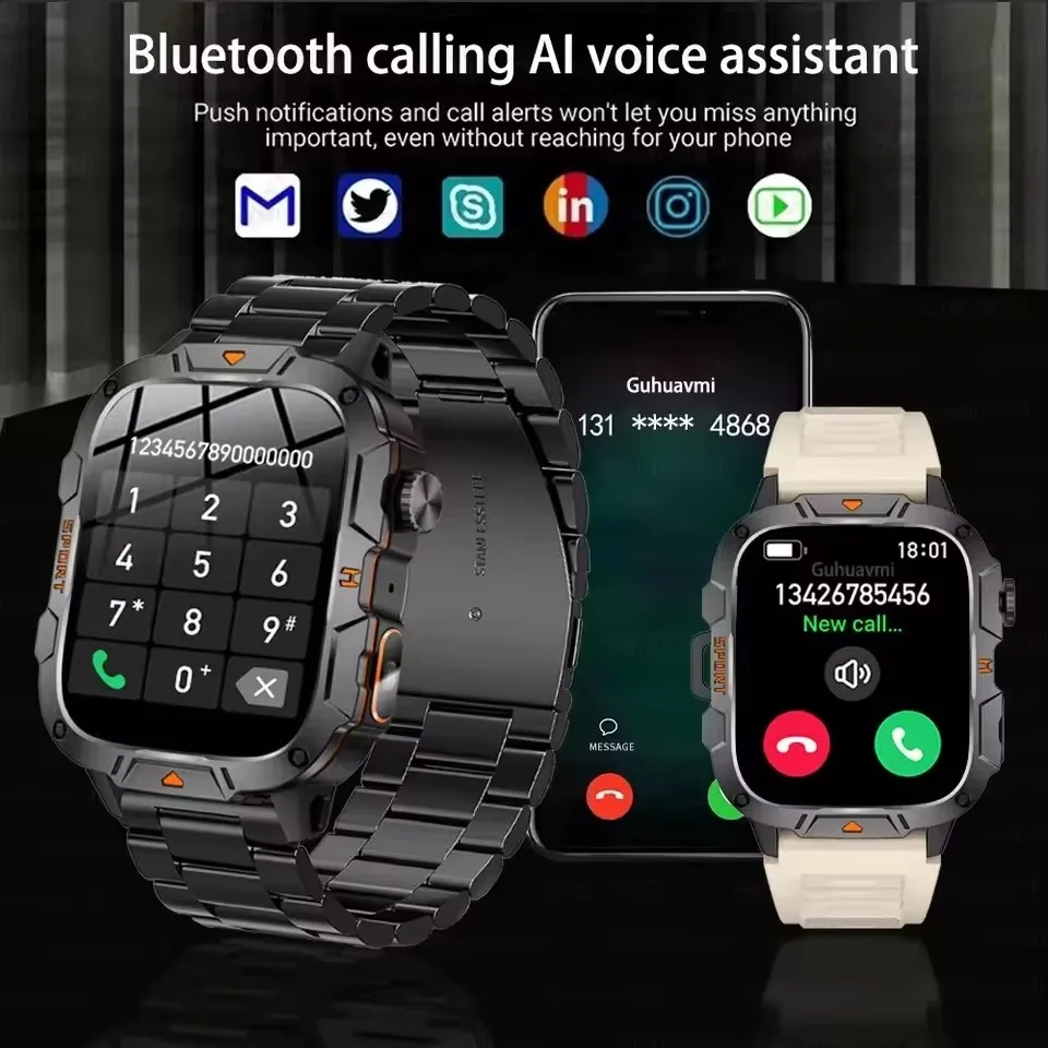 2026 New Military Grade Smart Watch Men 1.96" AMOLED Screen 5ATM Waterproof Simming Sports Fitness Tracker BT Call Smartwatches 6
