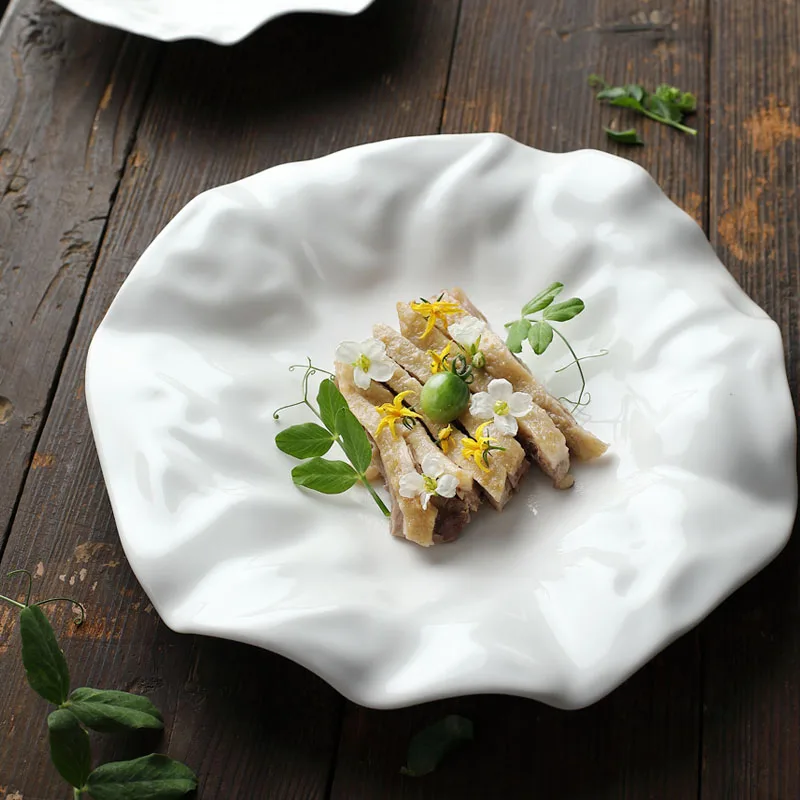 French Ceramic Tableware Irregular White Ceramic Western Plate Creative Pleated Paper Plate Restaurant Fruit Tray Dumpling, fruit plate, ceramic dessert plates