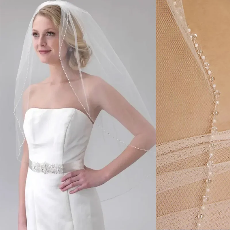 White Ivory Crystal Beaded Edge 1 Tier Fingertip Wedding Veils Bridal Accessories Soft Tulle Bridal Veil With Metal Comb