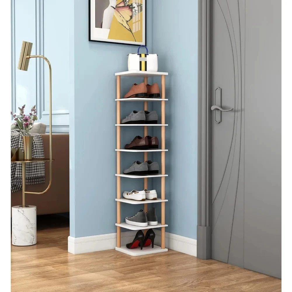 Household 8 Tiers Vertical Shoe Rack Narrow Organizer Stylish Wooden Shoe Storage Stand Space Saving Shelf Tower Shoe Rack 2