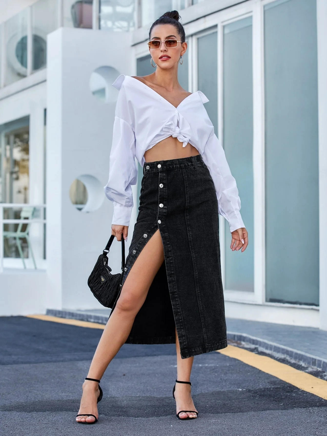 DGIRL Button Front Longline Denim Skirt Retro Long Summer Denim Skirts Girls High Waist Split Jeans Straight Maxi Denim Skirts mini skirts for women