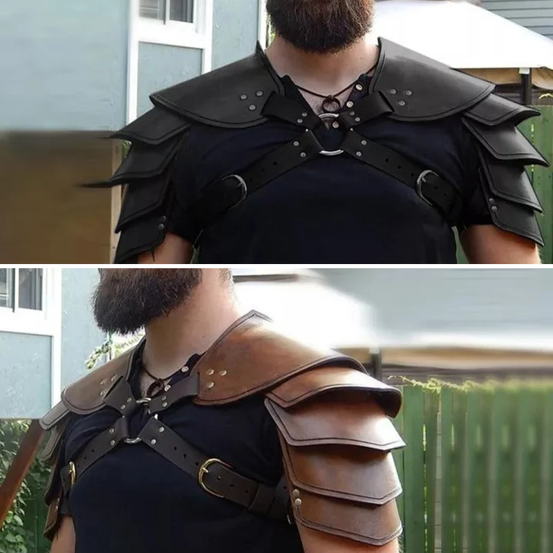 Cavaliere vichingo medievale Armatura per spalle in pelle PU Spallacci Gladiatore romano Guerriero Samurai Costume cosplay Spaulders LARP Puntelli - immagine 6