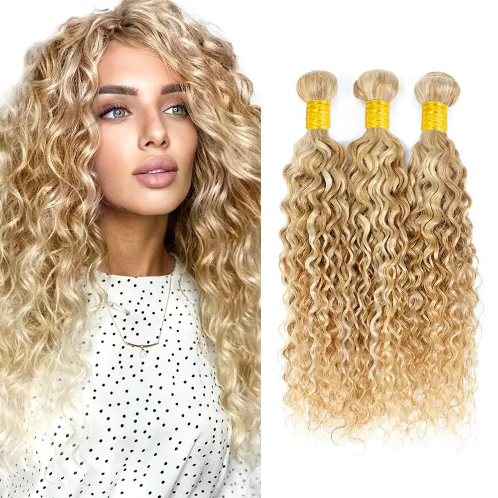 10-30 Inch P27/613 Water Wave Human Hair Bundles 12A Brazilian Remy 100% Human Hair Extensions Honey Blonde 1/3/4pcs Bundles 5