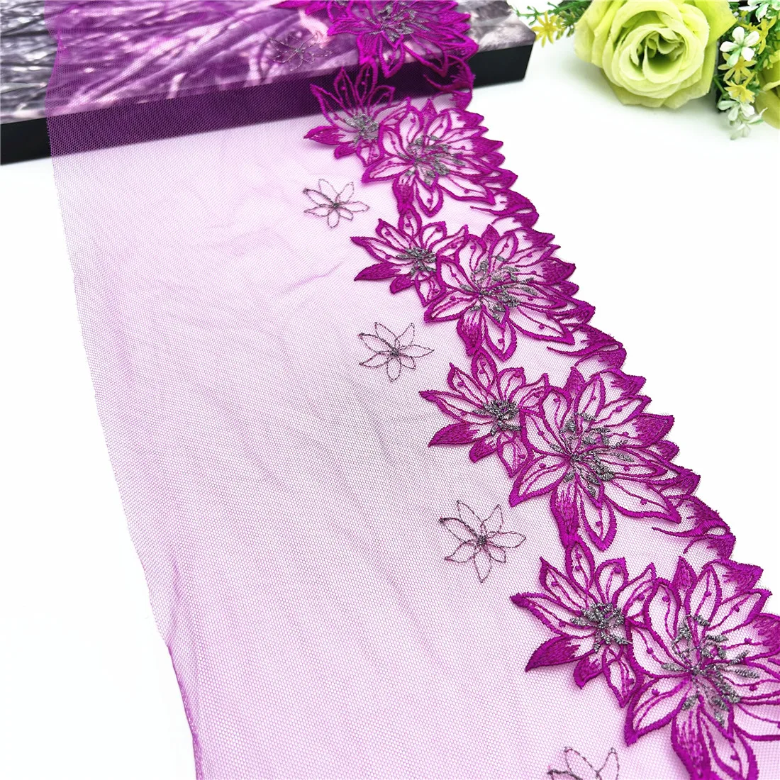 3y/lot Width 19cm Purple Violet Bit Silver Embroidery Lace Trim For Skirt Hem Clothes Sewing Material DIY Apparel Dress Fabric 4