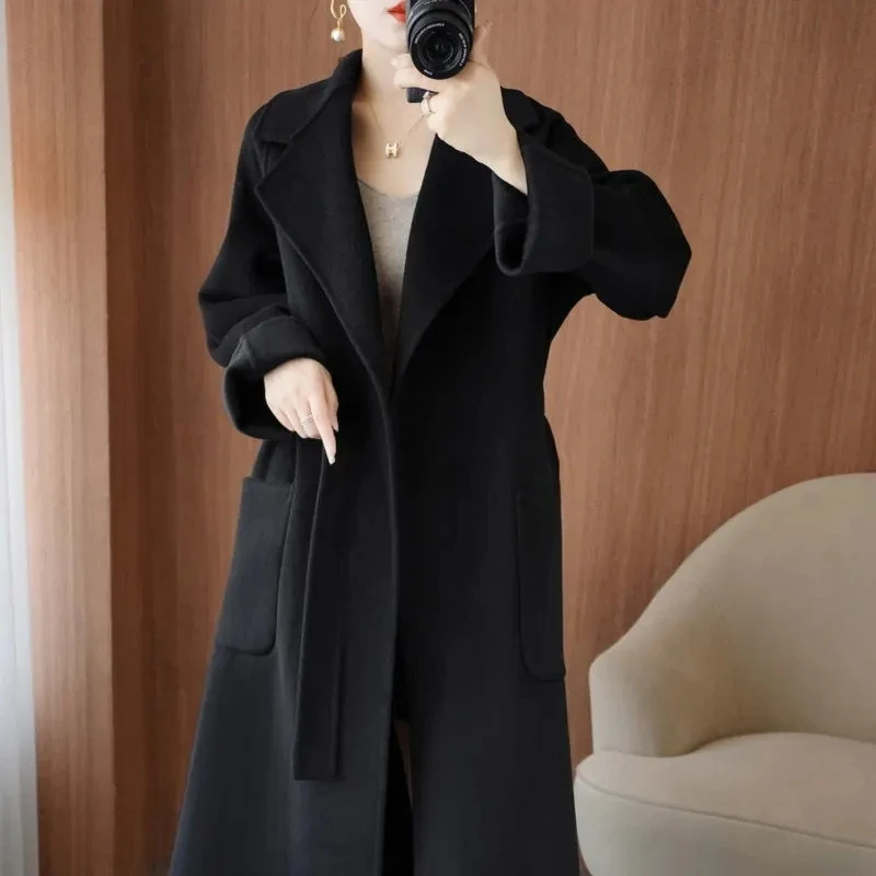 100% Wool Coat Women's Wear 2024 Autumn/Winter Fashion Temperament Double sided Cashmere Coats with Belt Elegant Long Overcoat 2