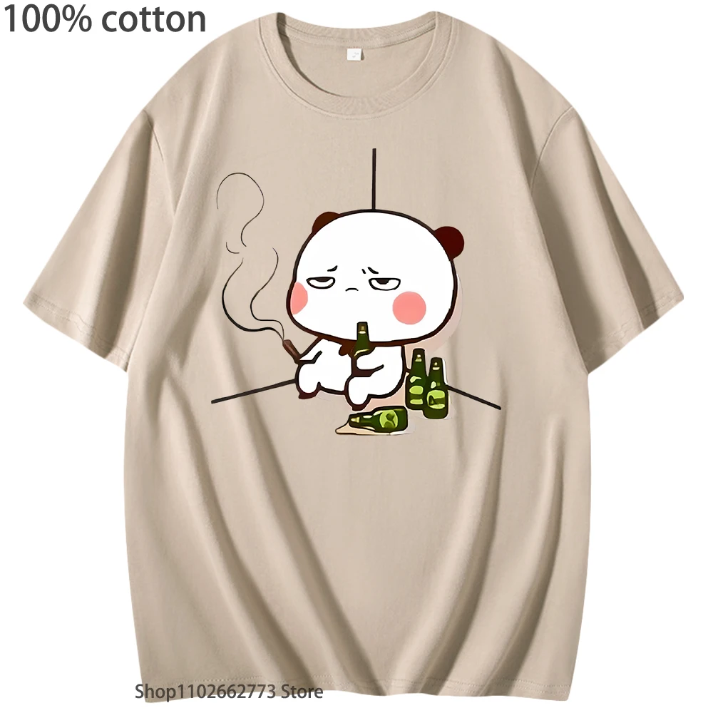 

Drunk Panda Bear Graphic Shirts Kawaii Cute Bubu and Dudu T-Shirts 100%Cotton Women Tshirt Men's Clothing O-Neck Summer Casual