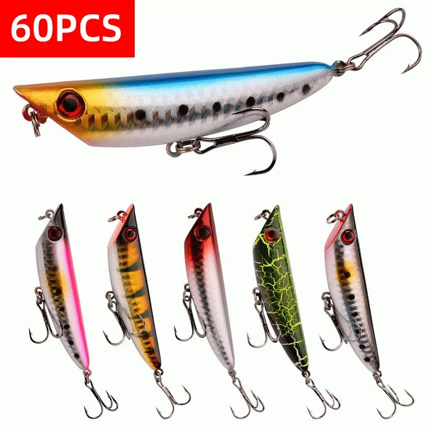 

60pcs Popper Fishing Lure 8.3cm 9g Hard Bait Artificial Topwater Bass Trout Pike Wobbler Fishing Tackle with 2 Treble Hooks