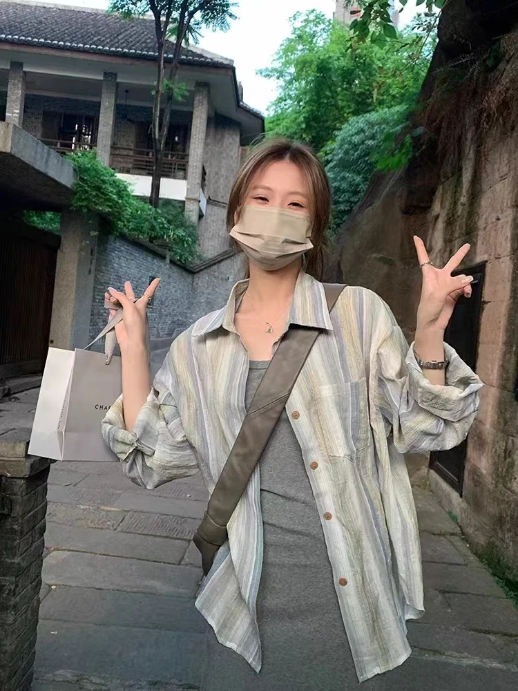 여성용 줄무늬 셔츠, 자외선 차단 가디건 탑, 빈티지 한국 시크 루즈 패션 스트리트웨어, 통기성 숙녀 상의, 2024 여름