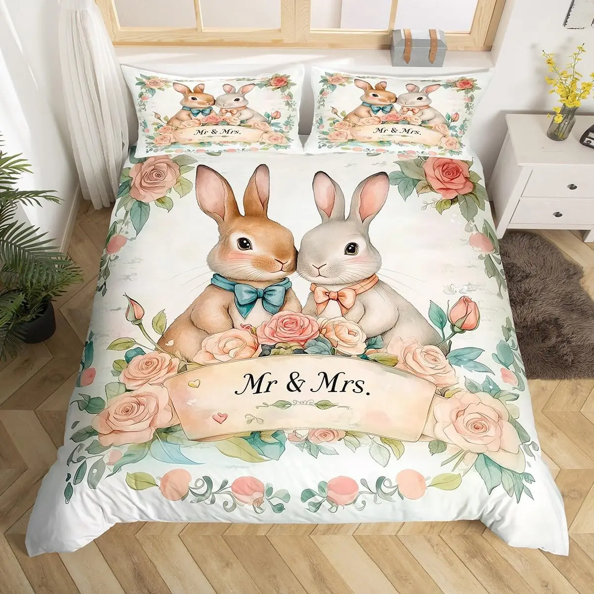Kawaii Pet Rabbit Duvet Cover Set Full King Spring Botanical Leaves Bedding Set Easter Bunnies Couple Bowknot Print Quilt Cover 4