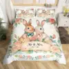 Kawaii Pet Rabbit Duvet Cover Set Full King Spring Botanical Leaves Bedding Set Easter Bunnies Couple Bowknot Print Quilt Cover 4