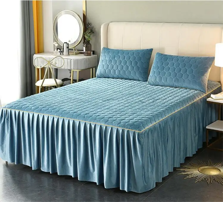 Crystal velvet bed skirt with cotton clip three piece set thickened anti slip bed cover milk velvet warm cover