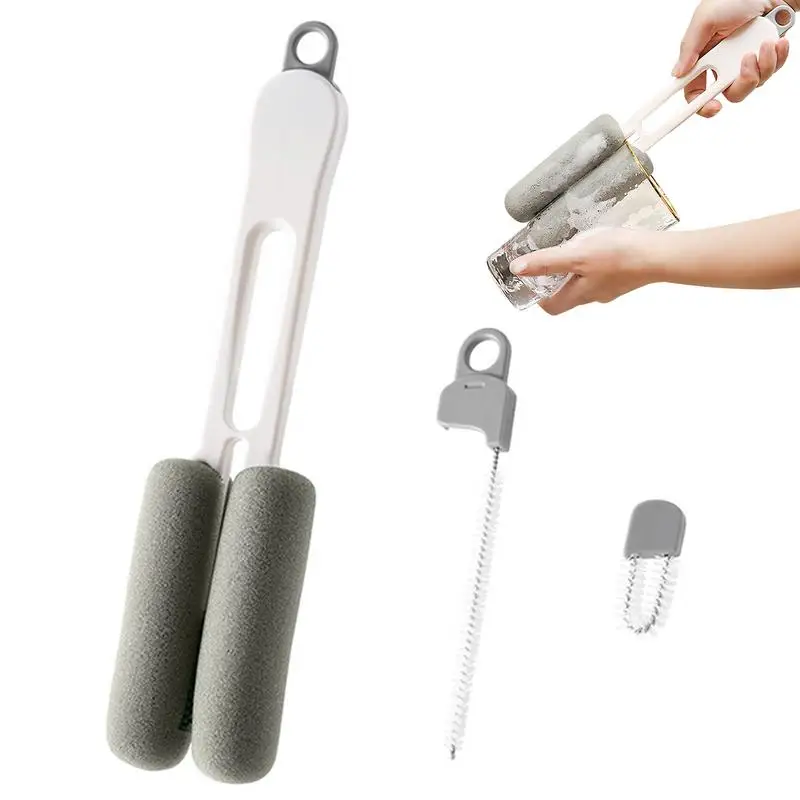 3 in 1 Soft Bottle Brush Set with Handle Multipurpose Bottle Cleaning Sponge Household Cleaning Tools for Glass Mug Cleaning