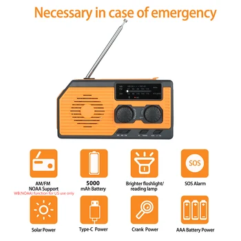 10000mAh Emergency Solar Power Radio USB Charging Hand Crank Radio FM AM WB NOAA Weather Radio with LED Flashlight Power Bank 4