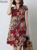 ZANZEA Summer Vintage Floral Printed Sundress Women Dresses 2025 Casual Short Sleeve Bohemian Holiday Vestidos Knee Length Robe