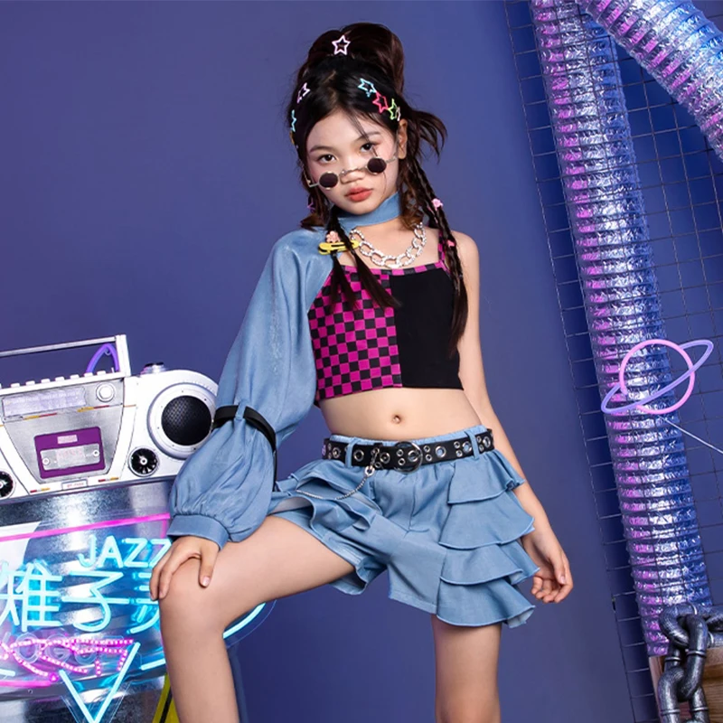 

Girls Concert Performance Costume Jazz Dance Clothes Fashion Denim Catwalk Show Stage Outfit Children Festival Clothing YS5293