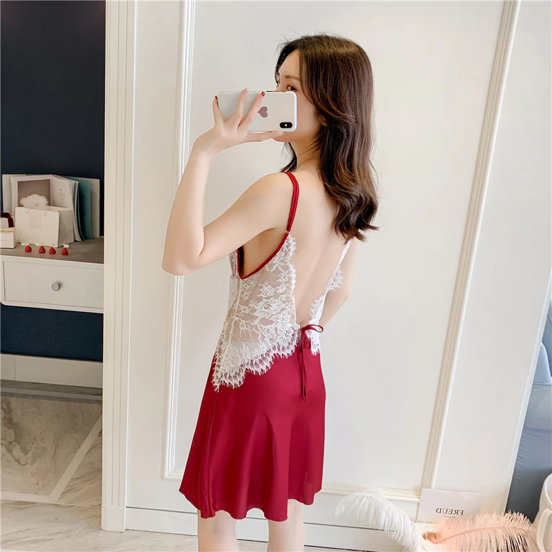 Long sleeve with chest cushion strap sexy two-piece nightdress Ladies embroidered ice silk satin nightgown pajamas